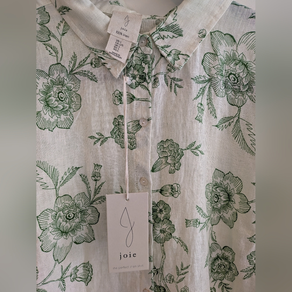 Joie Linen Green Floral White Women's Button Down Shirt Size L NWT Resort Beach - Picture 8 of 16